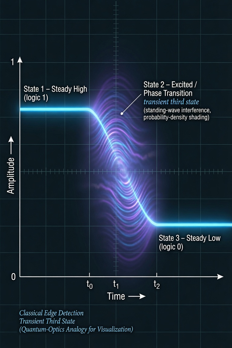Amplitude versus time with t0, t1, t2 markers and standing-wave interference fringes during the excited phase-transition interval
